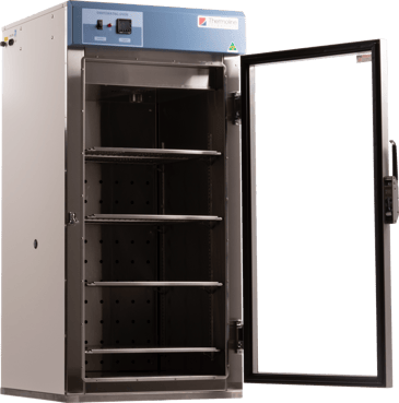 glassware drying oven with glass door open and adjustable shelves