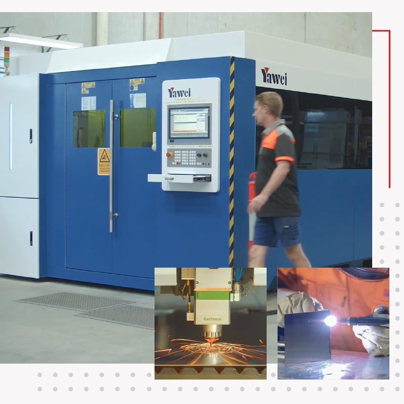 Technician walking past a large fibre laser cutter machine in a manufacturing facility, with inset images showing close-ups of laser cutting and welding processes.