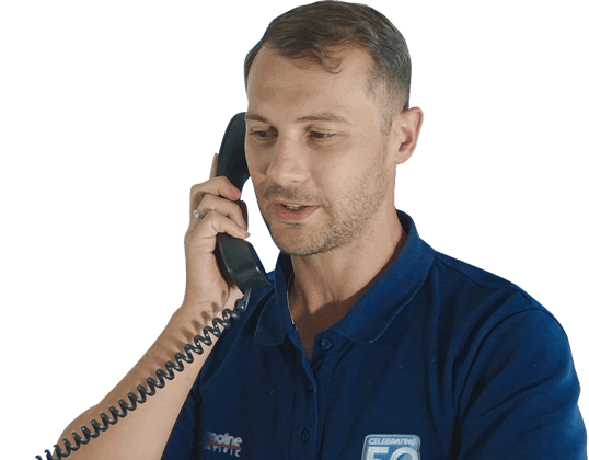 Customer service person answering call regarding buying laboratory equipment