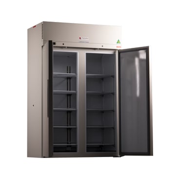 laboratory freezer with two solid doors opened